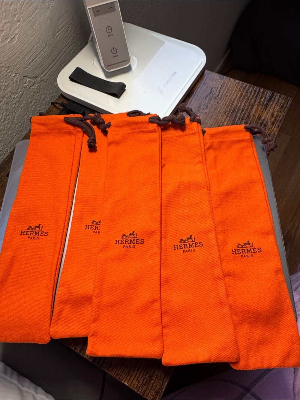 Hermès Orange Velvet Drawstring Pouch with Brown Cord